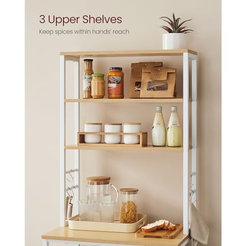 Image of VASAGLE Coffee Bar, 23.6 Inches Baker's Rack for Kitchen with Storage, 6-Tier Kitchen Shelves with 6 Hooks, Microwave Stand, Modern, Golden Oak and Cloud White UKKS024W09
