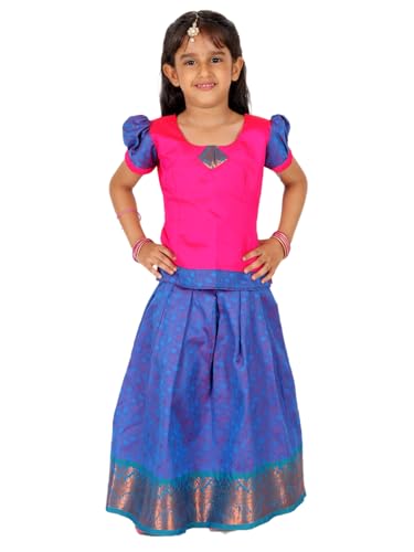 Image of BownBee Girls Silk Blend Pavda Pattu Lehenga Choli South Indian Traditional Ethnic Dress for Kids with Half Sleeves, Round neck, Back Hook Closure Dresses for Baby Girl