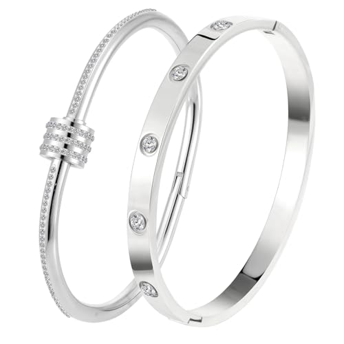 18K Gold Plated Stainless Steel Cuff Bracelet & Love Friendship Screw Bangle Bracelet Set for Women with Gift Box