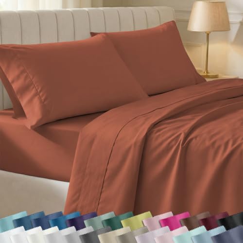 Image of California Design Den Twin XL Bed Sheets Set - Soft 400 Thread Count Sateen, Natural 100% Cotton XL Twin Sheet Set, Deep Pockets with All Around Elastic for a Snug Fit, Durable Bedding - Rust