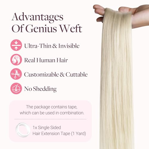Image of GOO GOO Tape In Weft Hair Extensions Human Hair, Genius PU Long Weft Tape In Hair Extensions Real Human Hair, Silky Easy to Use, 60A Platinum Blonde 14 inch 50g 2pcs