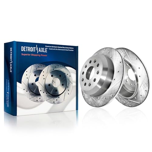Image of Detroit Axle - 8pc Brake Kit for Jeep 2018-2023 Wrangler | 2019 2020 2021 2022 Drilled Slotted Brake Rotors Ceramic Brake Pads Replacement: 12.99 inchinch Front and 13.46 inchinch Rear Rotors