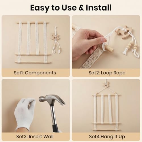 Image of HASTHIP Wooden Wall Hanging Hair Accessories Organizer Boho Macrame Baby Hair Clip Organizer for Girls Bow Holder Headbands Baby Clips Nursery Storage Display with Lace Strips for Kids Room Decor