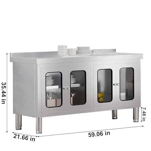 Image of 59 inch Stainless Steel Table Cabinet Heavy Duty Prep Table with 304 Stainless Steel Worktop and 4 Glass Doors Commercial Worktable Workbench with Storage Cabinet for Kitchen Garage Restaurant Outdoor