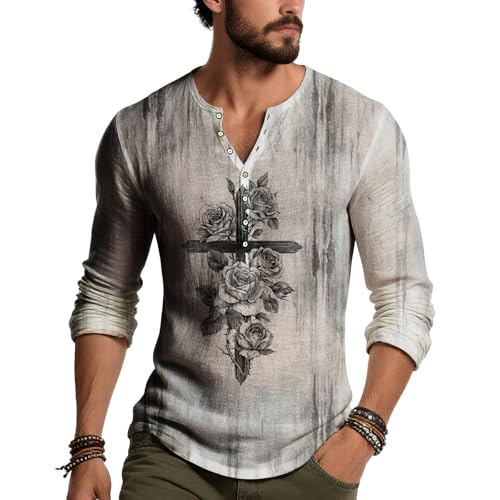Mens Distressed Henley Shirt Cross Rose Print Tee Vintage Casual Long Sleeve Shirts Gothic Graphic Tops Lightweight