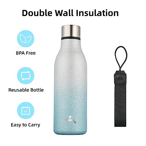 Image of Konokyo Insulated Water Bottle with Strap,18 oz Double Wall Stainless Steel Vacuum Bottles Metal Water Flask,Sparkling Silver Blue