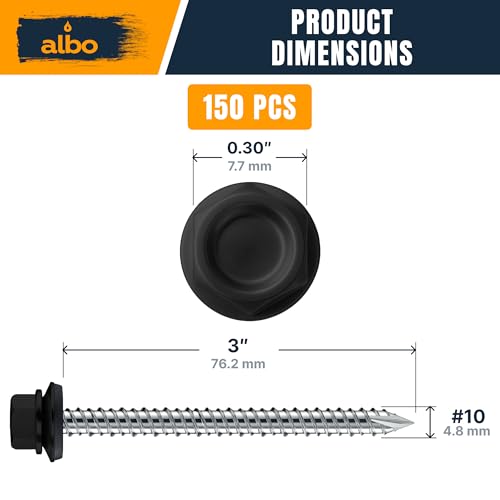 Image of ALBO 150 Pcs #10 x 3 Black Ruspert-Coated Metal Roof Screws, EPDM Washers | High-Low Threads Help Prevent Loosening, Leak-Resistant Seal, Sharp Point Helps Skip Pilot Holes, Hex Bit Included