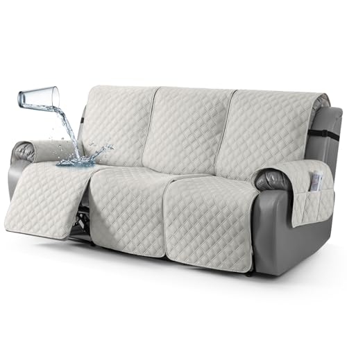 TAOCOCO 100% Waterproof Recliner Couch Covers, Recliner Sofa Covers with Leg Straps, 1-Piece Washable Reclining Sofa Cover with Pocket Couch Protector for Pets Kids(3 Seater, Off White)