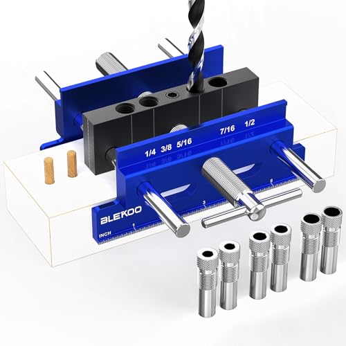 BLEKOO Upgraded 6.7 inch Self Centering Doweling Jig Kit (Blue), Drill Jig For Straight Holes Biscuit Joiner Set With 6 Drill Guide Bushings, Adjustable Width Drilling Guide Power Tool Accessory Jigs