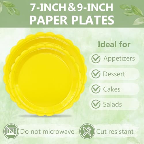 Image of 100 Cute Yellow Paper Plates and Napkins Disposable for Party, 25-9 inch&25-7 inch