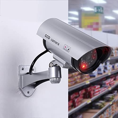 Tomvision Dummy Security Camera, Fake CCTV Surveillance System with Realistic Red Flashing Lights and Warning Sticker (4, Silver)