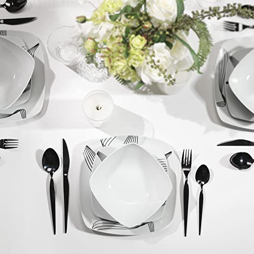 Square Porcelain Dinnerware Sets For 6, 18-Piece Ceramic Plates And Bowls Set, Kitchen Dinnerware Set With Simple Lines, Dishwasher Safe, Microwave Safe (Line Spectrum) #TOP1