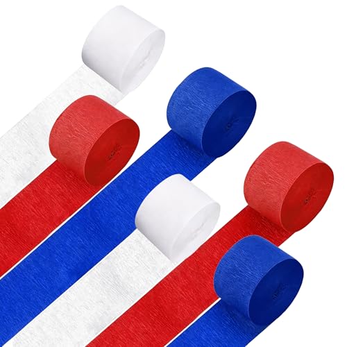 4th of July Decorations - Red White and Blue Crepe Paper Streamers 6 Rolls Party Streamers for Independence Day Decor Ideal for Indoor Wall Home Office Decoration