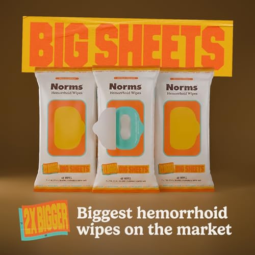 Image of Norms Big Sheets XL Hemorrhoid Wipes, Witch Hazel, Flushable, 48ct 3-Pack | At 7 by 8 inches, nearly twice the size of standard wipes, great postpartum compress, flushable, septic safe.
