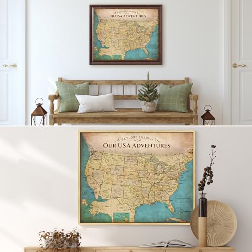 Image of DECORARTS - Personalized Push Pin Travel Map USA, Custom Name, Pin Board Canvas Wall Art, Antique Vintage Old United States Decor, Optional Wood Frame, Giclee Print, Handcrafted in USA, 20x16''