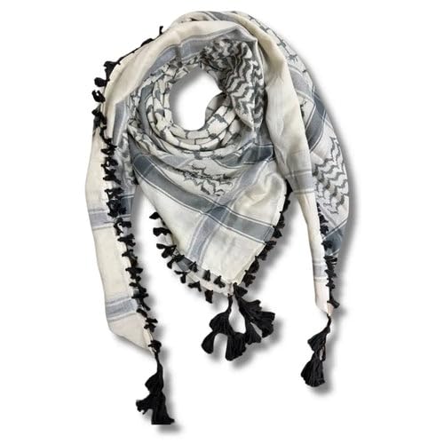 Off-White & Grey Palestinian Keffiyeh with Black Tassels – Modern Twist on Traditional Arabic Scarf