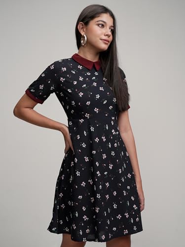 Image of Tokyo Talkies Women's Playful Floral A-Line Dress | Short Sleeves | High Neckline | Fun & Feminine Touch | Short Dress