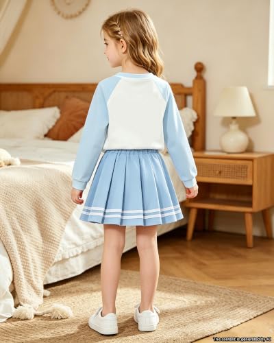 Image of Betusline Girls Skirt Set JK School Uniform 2-Piece Outfit - Long Sleeve & Webbing Solid Skirt,4-14Y