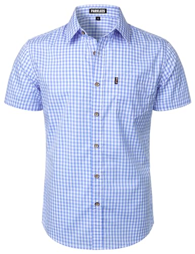 LucMatton Mens Gingham Short Sleeve Button Down Shirt Cotton Regular Fit Plaid Dress Shirts with Pocket Blue Gingham Large