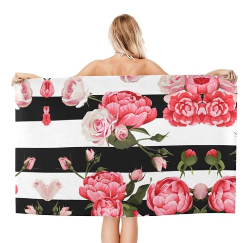 Serviette de bain microfibre fleurs noires et blanches, finition premium - 3