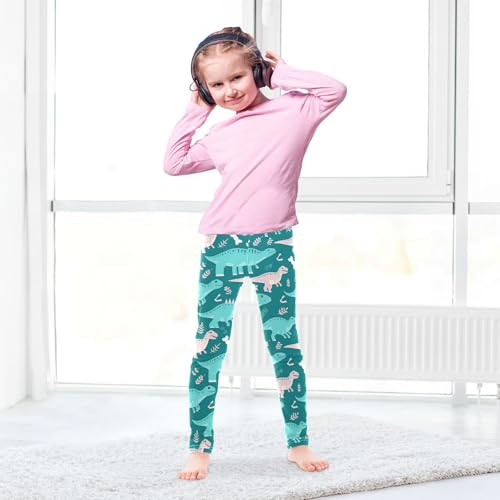 Wusikd Teal Dinosaurs Girls' Leggings Toddler Doodles White Bones Kids Yoga Pants Dance Active Tights 4T4