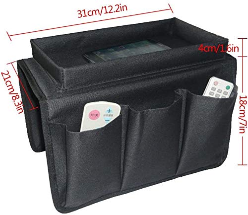 Sofa Armrest Organizer with Tray, Sofa Armrest Pocket Organizer Couch Chair Table Cabinet Storage Space Saver Bag Armchair Remote Control Holder Fits for Phone Pen Glasses Organize Gadget (Black)
