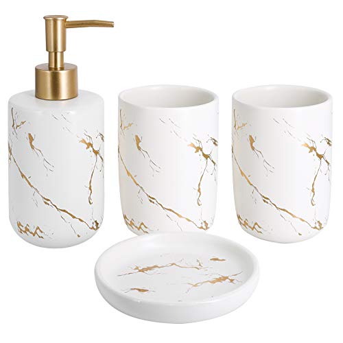 Qulable Crème badkamer accessoires set compleet, 4 stuks keramische badkamer decoraties accessoires sets inclusief lotion dispenser, 2 bekers en zeepbakje voor bad decor, aanrecht ijdelheid