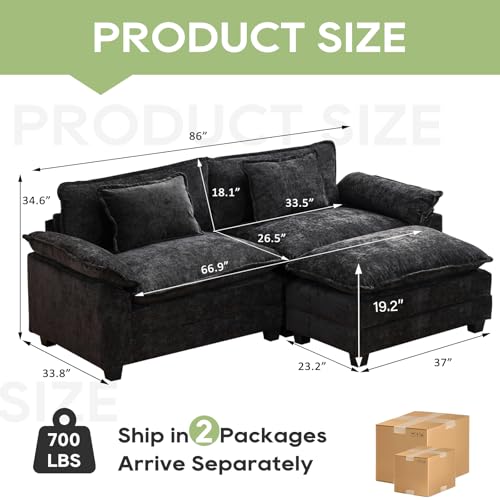 Image of Oprisen 86 inch Modular Sectional Sofa, Comfy Cloud Couch Sectional Sofa with Ottoman, Chenille Sofa Sleeper Deep Seat Sofa with Throw Pillows for Living Room (Black, 86 inch- L Shape)