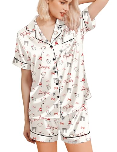 Image of Ekouaer Silk Pajamas for Women Funny Teddy Sleepwear Comfy Short Sleeve Button Down Loungewear Satin Pjs Shorts Set,Apricot,L