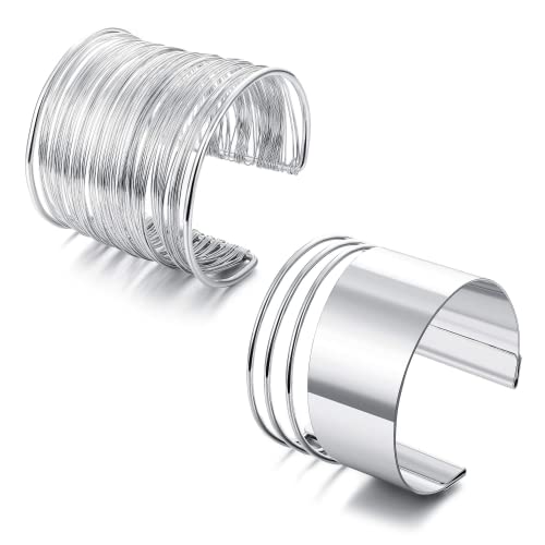 JeryWe 2 Piezas Brazalete Manguito Ancho para Las Mujeres, Conjunto de Pulseras de Alambre de Bobina Ajustable Oro/Plata