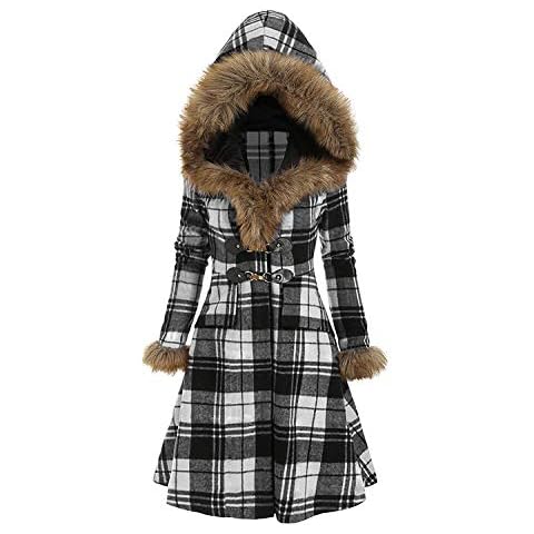 Women's Fashion Long Sleeve Elegant Winter Wool Fleece Hooded Coat with Faux Fur Collar Plus Size Button Closure Trench Overcoat Jacket(Black1,S) Cover