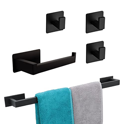 Vanloory 5 Pieces Self Adhesive Bathroom Hardware Set-Sus304 Stainless Steel-Towel Rack Set Include 24″Towel Bar+Toilet Paper Holder+3 Towel/Robe Hooks Bathroom Accessory Towel Bar Set（Matte Black） #TOP21