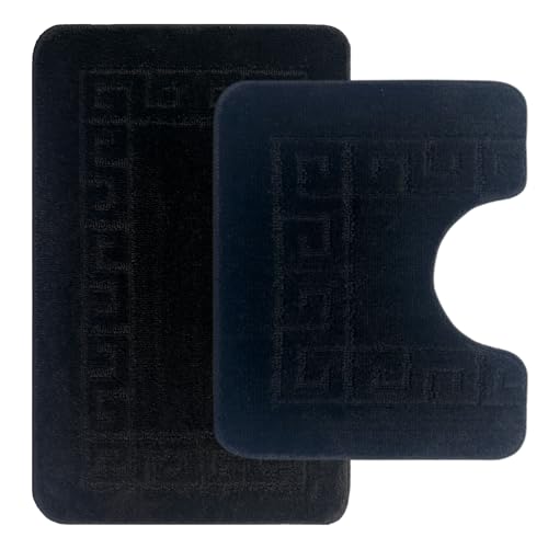 Ambience Products Bath and Toilet Mat Set New Greek Rug Non-slip Style 2 Piece Bath Mats for Bathroom Carpet (Black)