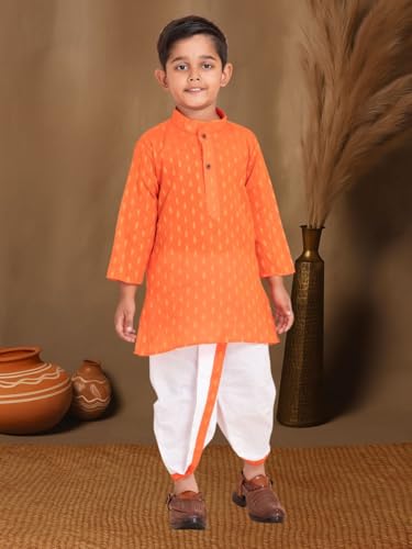 Image of Boys Dhoti Kurta Set for Kids - Cotton Kurta and Elastic Waist Dhoti - Traditional Dress