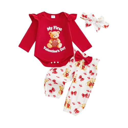 Image of My First Valentines Day Baby Girl Outfit Letter Bear Print Romper And Elastic Pants Set Infant Spring Clothes Headband (Red, 0-3 Months)