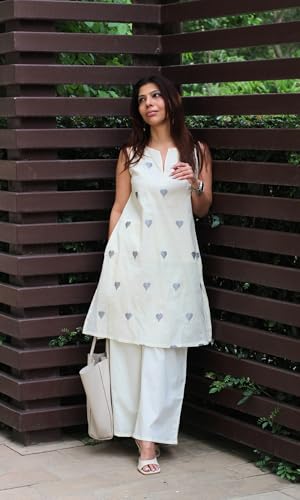 Image of ANNI Designer Kurta Set for Women Cotton Blend Embroidered | Kurti Set for Woman | Farshi Salwar Suit Kurta Palazzo Outfit | Round Neck V Slit Sleeveless Regular Fit Ethnic Dress Stylish Clothing