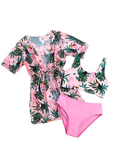 WDIRARA Toddler Girl's Tropical Print Scoop Neck Cute Bikini 3 Piece Swimsuit with Kimono