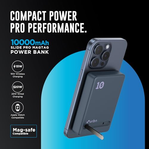 Image of URBN Slide Pro 4-in-1 MagSafe Wireless Power Bank 10000mAh with Kickstand | Fast Charging for iPhone 12 & Above, Apple Watch, AirPods & Qi-Enabled Android Devices | MagTag Ring Included (Blue)