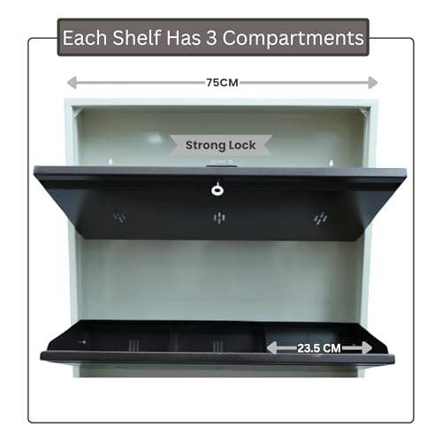 Image of Premium 4 Door Wall Mount Metal Shoe Rack | 30 inch Wide | Fits Size 12 | Dual Lock 2+2 Door Setup (Dark Brown, 4 Door)