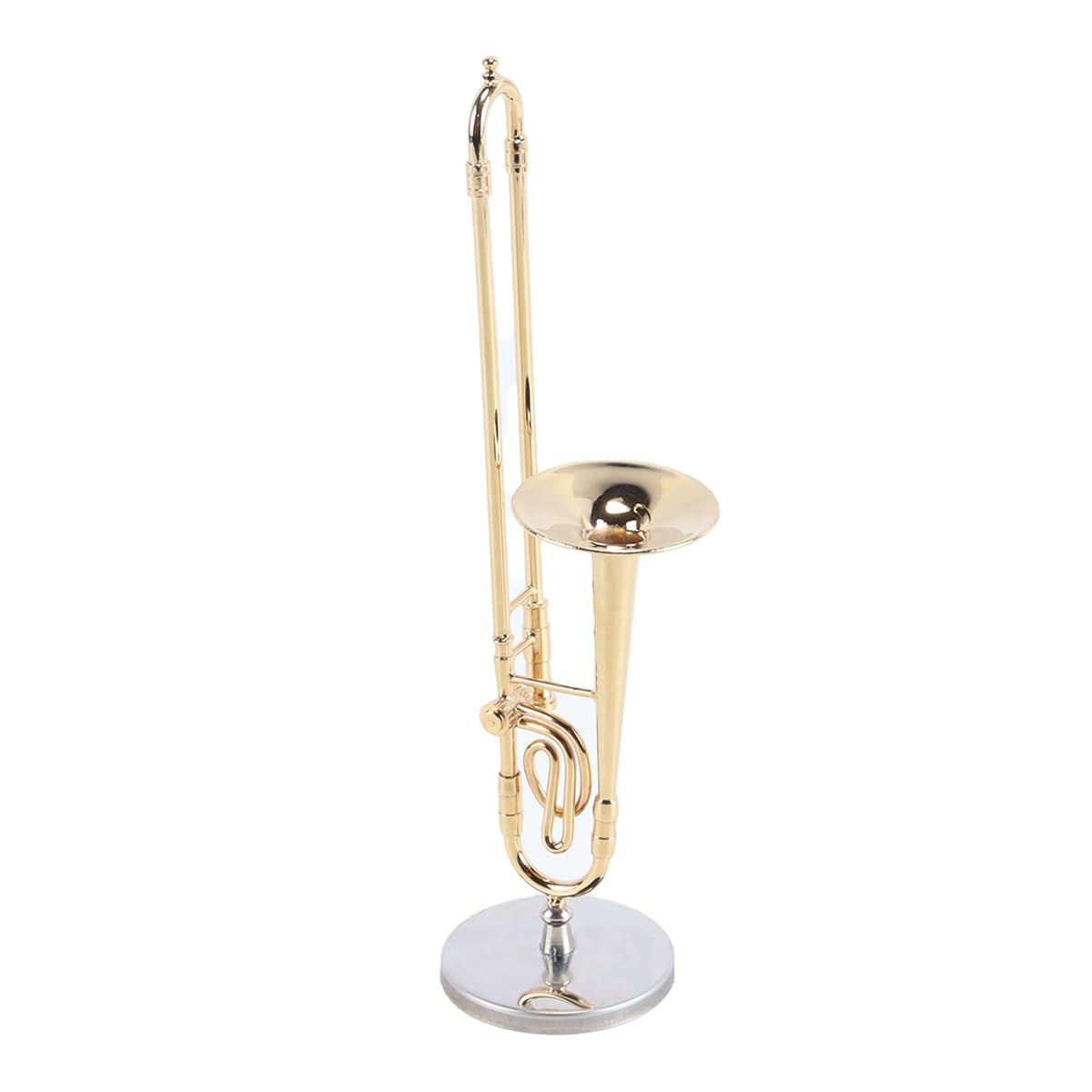 Réplica de trombón en miniatura con soporte y estuche, instrumento chapado en oro, réplica de trombón de saxofón en miniatura chapado en oro de 14 cm.