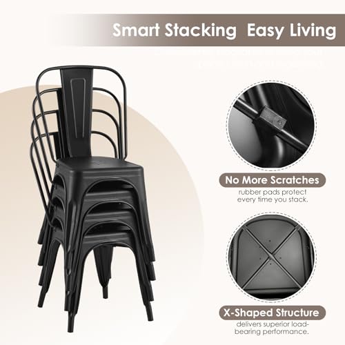 Image of Metal Dining Chairs with Back, Stackable, Midnight Black, 6 Pack | Easy Assembly, Non-Slip Feet, 330 lb Capacity, Kitchen, Restaurant, Cafe, Pub, Covered Patio
