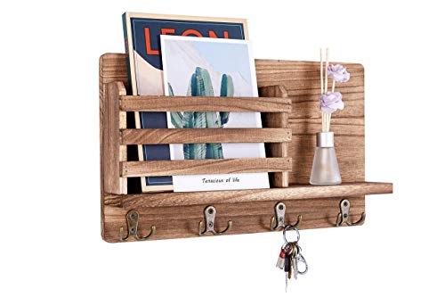 Artmag Wooden Key Mail Holder Wall Mounted Mail Sorter with 4 Double Coat Key Hooks and A Floating Shelf Rustic Hanging for Entryway or Mudroom,Light Brown