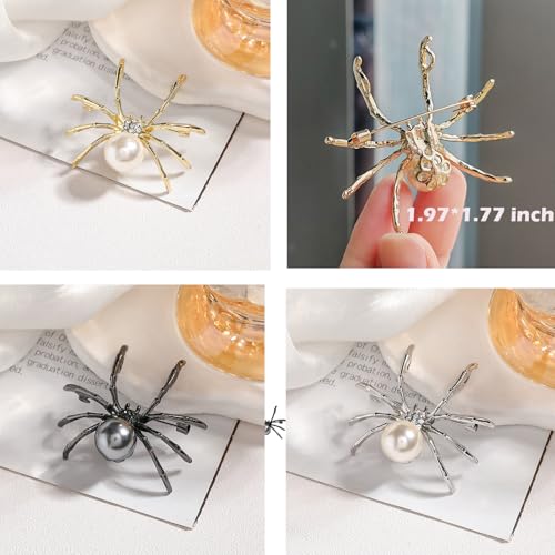 Image of 3PCS Spider Brooches and Pins, Gothic Punk Style Lapel Pin Set with Faux Pearl Vintage for Backpack Scarf Shirt Collar Hat Prom Halloween Party Bar Gift