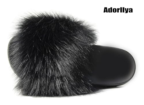 Image of Big Faux Fur Slides, Furry Slippers for Women Fuzzy Fluffy Sandals Shoes