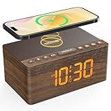 ANJANK Wooden White Noise Sound Machine with Alarm Clock, Bluetooth Speaker, Wireless Charger Station for iPhone/Samsung, 0-100% Dimmer, Sleep Timer, 20 Soothing Sounds for Adults Sleeping, Bedroom