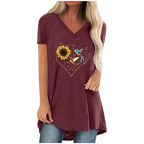 Longshirt Damen Kurzarm v Ausschnitt Tunika Sommer Oberteile Beste Mode Classic Farbe Sonnenblume Herzförmig Tier Drucken Bluse Elegant Sweatshirt Pullover Teenager Mädchen Hemd Tops Cover