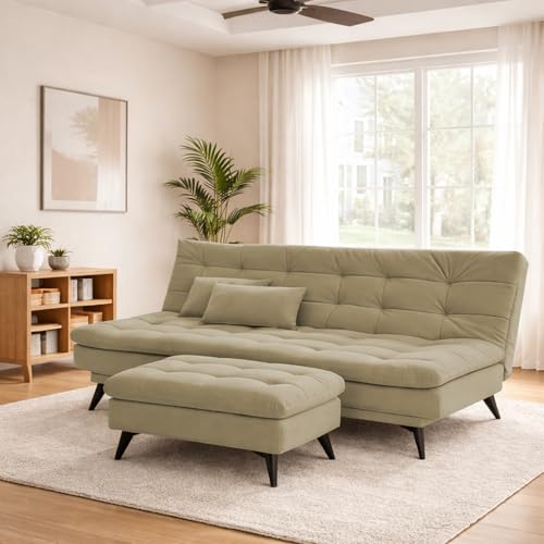 Image of Krancy Solid Wood 3 Seater Sofa Cum Bed with Ottomon | Convertible Wooden Couch for Living Room, Home & Office | Modern Designer Furniture | 1 Year Warranty | Cream Color