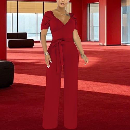 Image of PaladMom Womens Elegant Plus Size Jumpsuits Sexy Back zipper Short Sleeve Mid Waist Wide Leg Straight Rompers