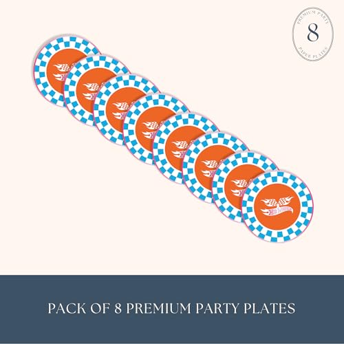 Image of Bonjour Fete Hot Wheels Blue Checker Small Paper Party Plates | Disposable Dessert Size | Premium Party Supplies | Kids' Birthday Celebrations, Car Racing Parties, and Playdates | Pack of 8, 8.25 inch D