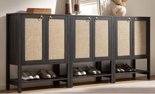 Image of SICOTAS Shoe Cabinet with Storage - 3 Pieces Farmhouse Boho Shoe Organizer with Rattan Doors & Shelves, 5 Tier Free Standing Shoe Rack Storage Cabinet for Entryway, Hallway, Foyer, Closet (Obsidian)